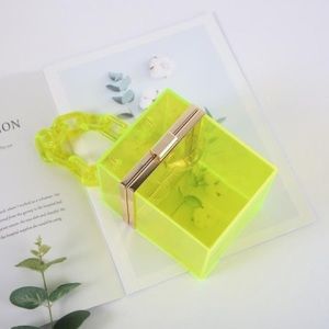 Box Acrylic Neon Yellow Purse w/ Gold Chain Strap